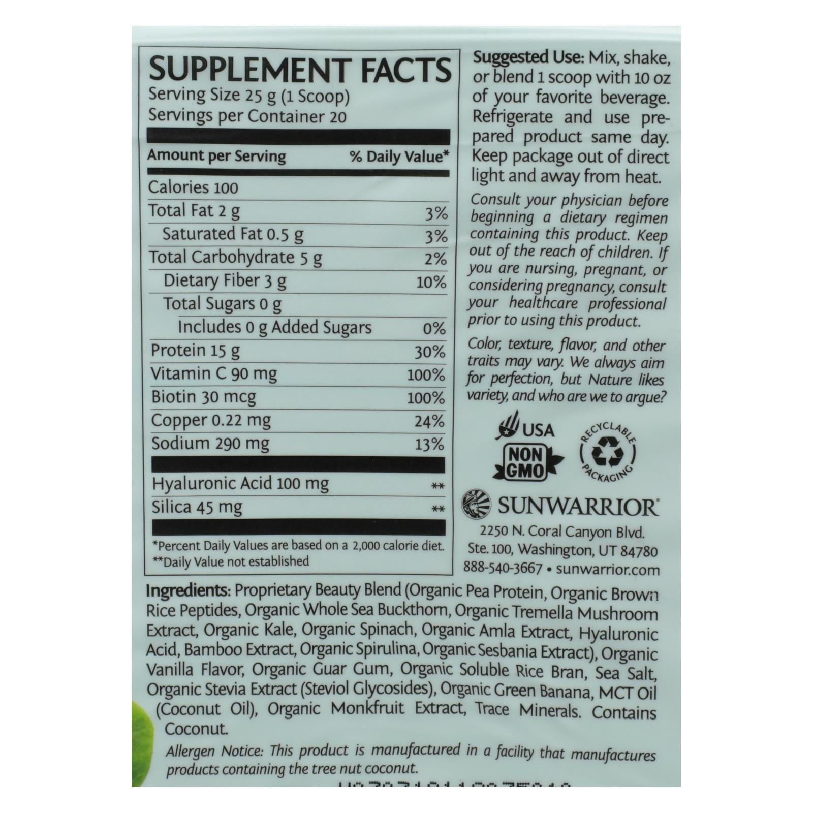 Sunwarrior - Collagen Tahitian Vanilla - 1 Each - 17.6 Oz - Maras Green