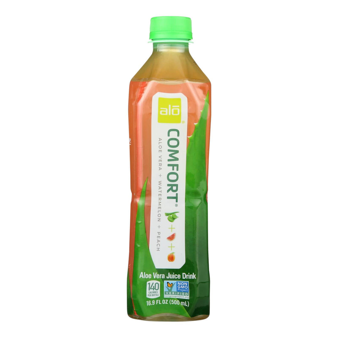 Alo Original Comfort Aloe Vera Juice Drink - Watermelon and Peach - Case of 12 - 16.9 fl oz. - Maras Green