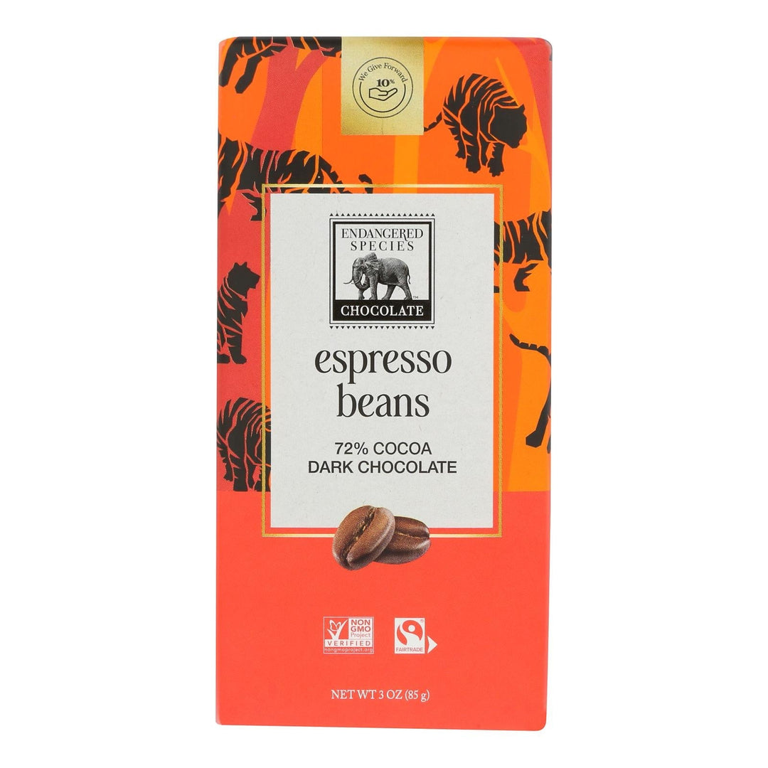 Endangered Species Natural Chocolate Bars - Dark Chocolate - 72 Percent Cocoa - Espresso Beans - 3 Oz Bars - Case Of 12 - Maras Green