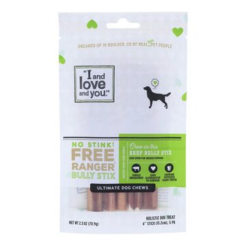 I And Love And You Dog Chews - No Stink Free Ranger Bully Stix - Beef - 5 Count - Case Of 6 - Maras Green