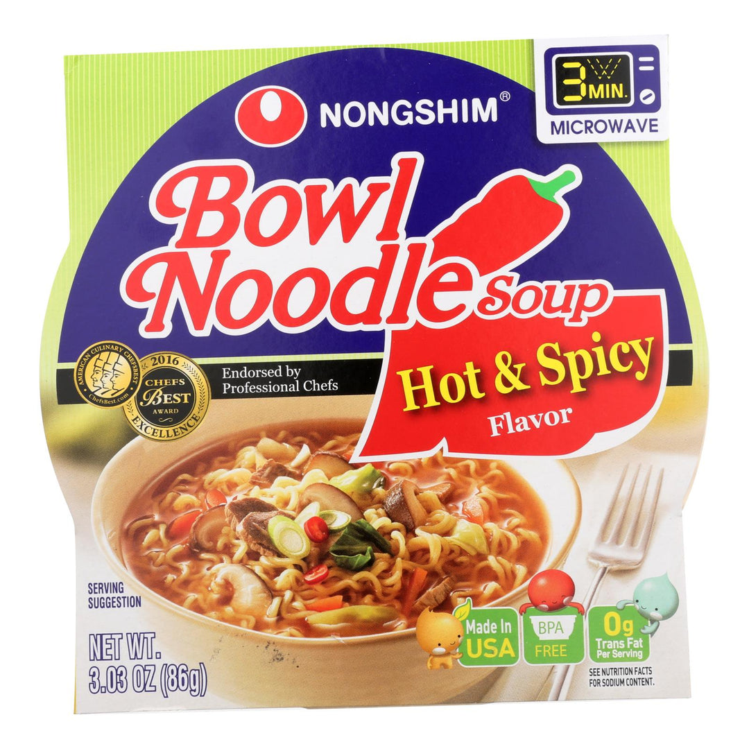 Nong Shim Hot And Spicy Bowl - Noodle Soup - Case Of 12 - 3.03 Oz. - Maras Green