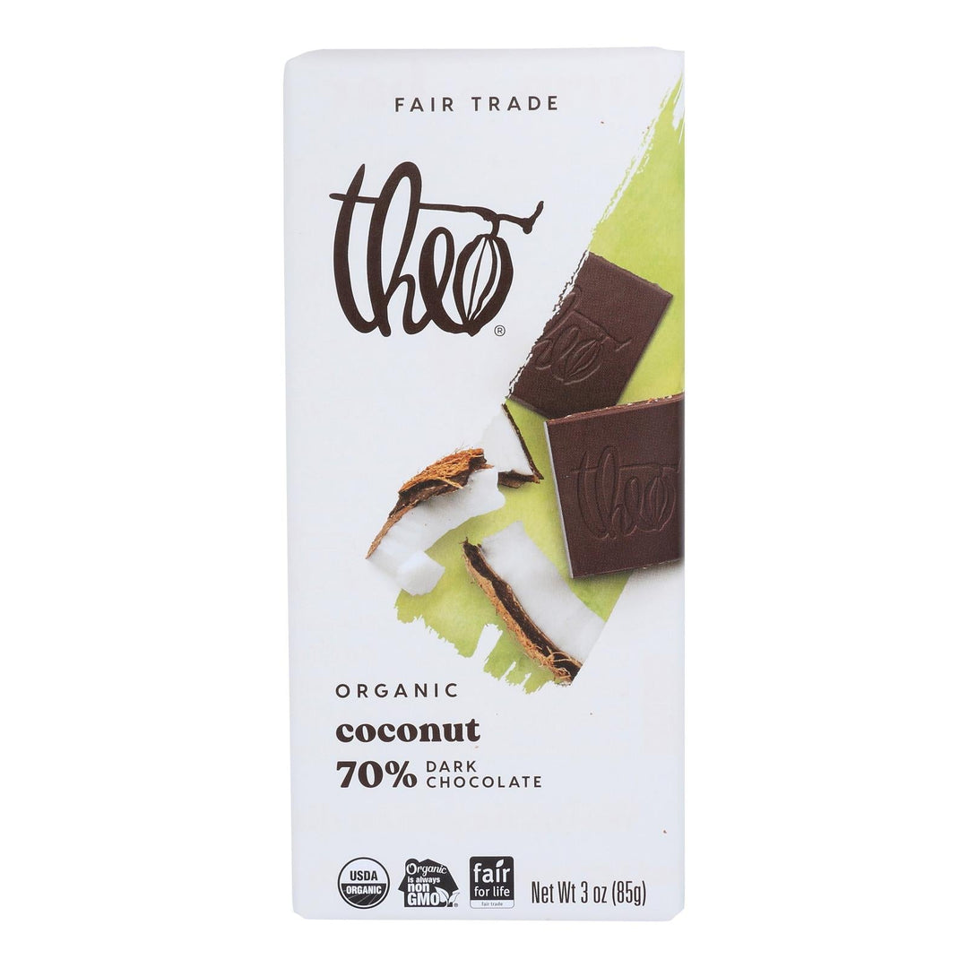 Theo Chocolate Organic Chocolate Bar - Classic - Dark Chocolate - 70 Percent Cacao - Coconut - 3 Oz Bars - Case Of 12 - Maras Green