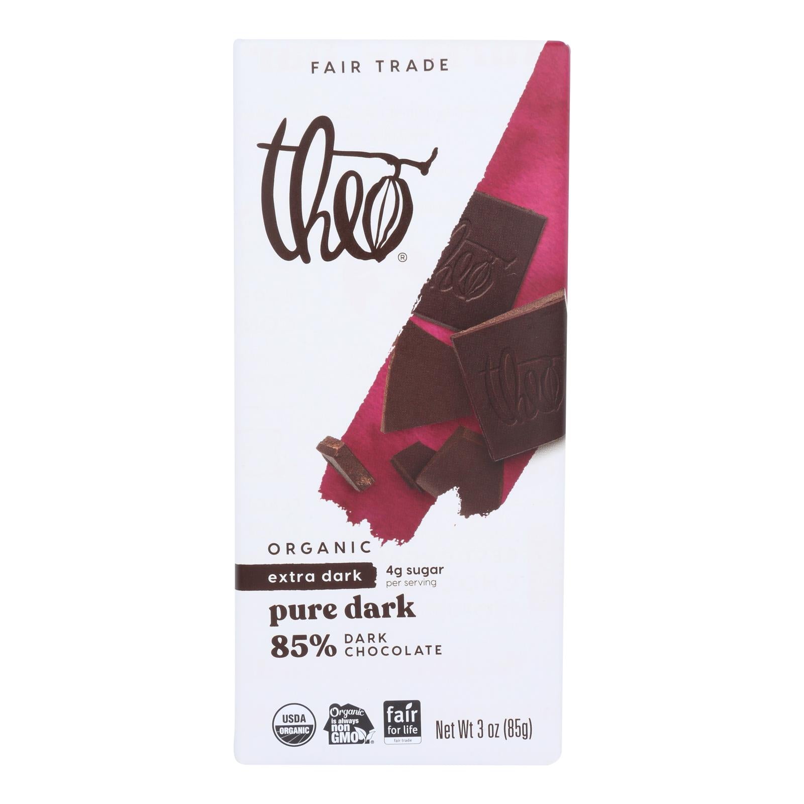 Theo Chocolate Organic Chocolate Bar - Classic - Dark Chocolate - 85 Percent Cacao - Pure - 3 Oz Bars - Case Of 12 - Maras Green