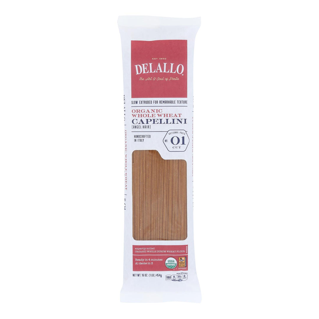 Delallo - Organic Whole Wheat Capellini Pasta - Case Of 16 - 1 Lb. - Maras Green