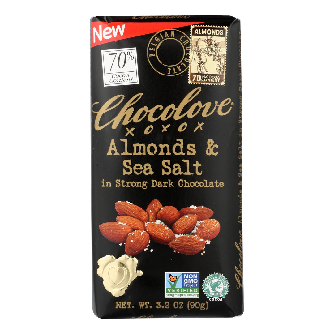 Chocolove Xoxox - Bar - Almond - Sea Salt - 70% Dark Chocolate - Case Of 12 - 3.2 Oz - Maras Green