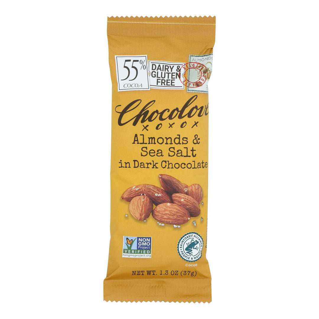 Chocolove Xoxox - Premium Chocolate Bar - Dark Chocolate - Almonds And Sea Salt - Mini 1.3 Oz Bars - Case Of 12 - Maras Green
