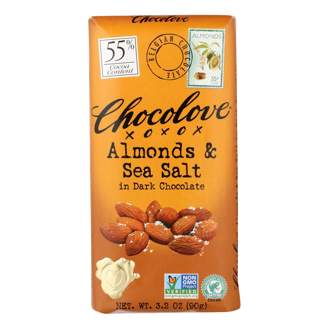 Chocolove Xoxox - Premium Chocolate Bar - Dark Chocolate - Almonds And Sea Salt - 3.2 Oz Bars - Case Of 12 - Maras Green