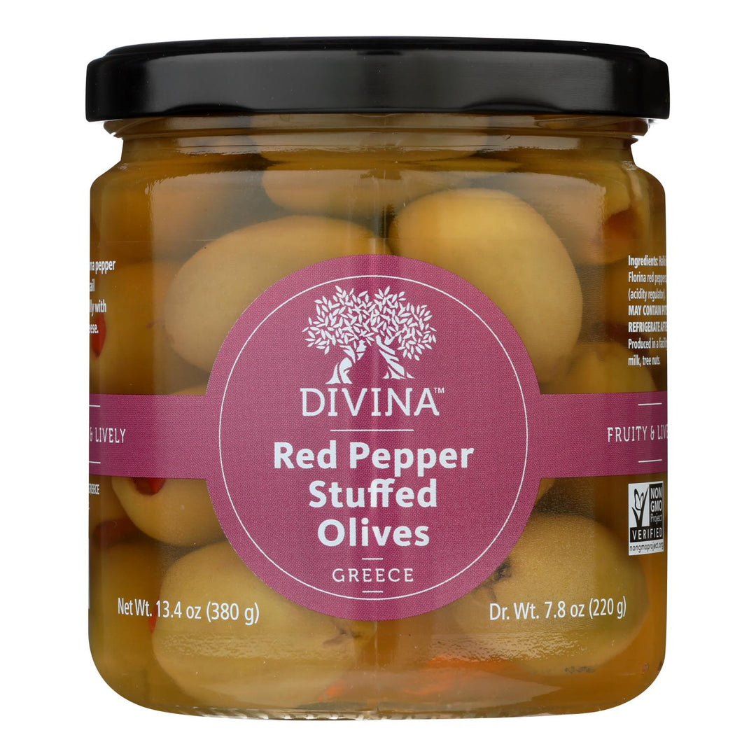 Divina - Olives Stuffed With Sweet Peppers - Case Of 6 - 7.8 Oz. - Maras Green