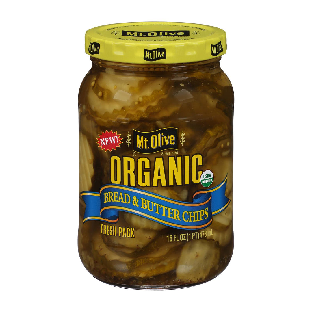 Mt Olive Pickle Co - Organic Pickles - Bread And Butter Chips - Case Of 6 - 16 Fl Oz. - Maras Green