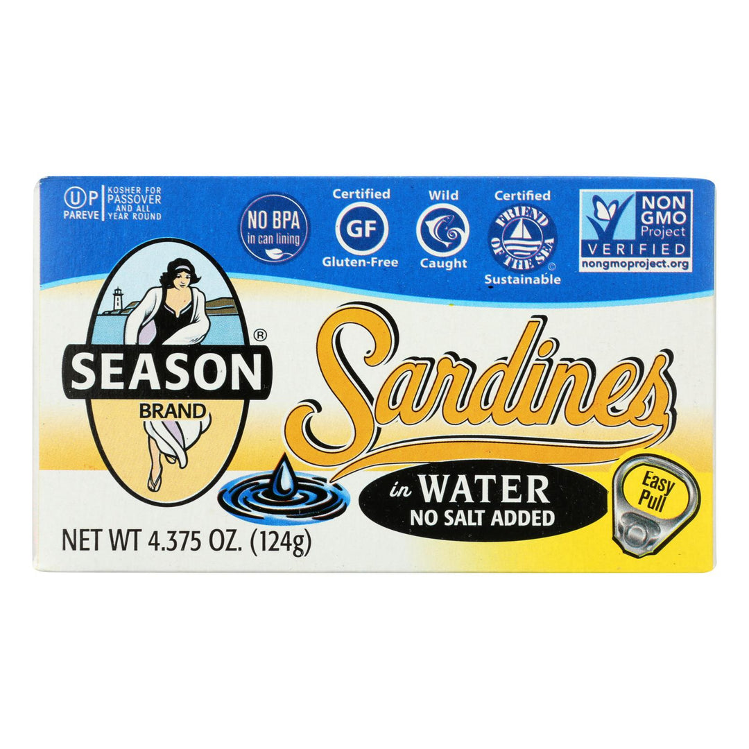 Season Brand Sardines In Water - No Salt Added - Case Of 12 - 4.375 Oz. - Maras Green