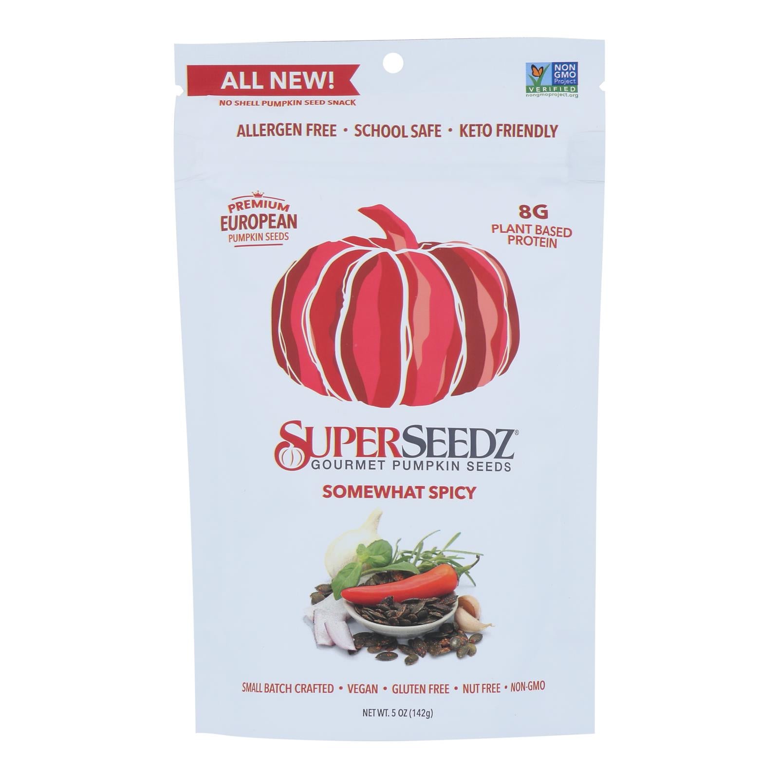 Superseedz Gourmet Pumpkin Seeds - Somewhat Spicy - Case Of 6 - 5 Oz. - Maras Green