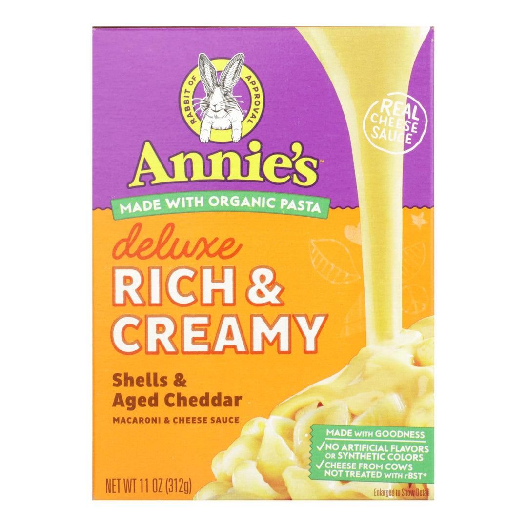 Annies Homegrown Macaroni Dinner - Creamy Deluxe - Shells And Real Aged Cheddar Sauce - 11 Oz - Case Of 12 - Maras Green