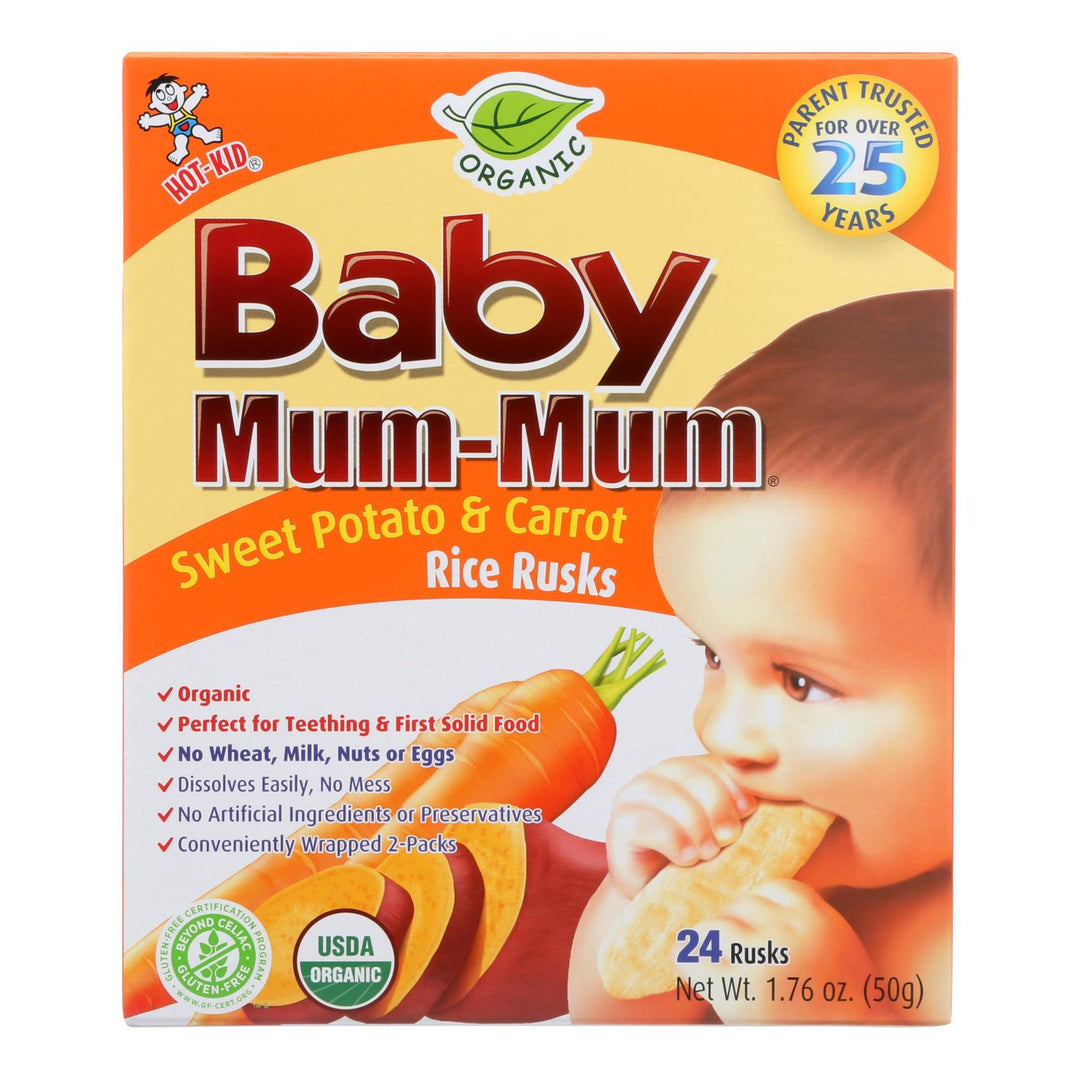 Baby Mum Mum Organic Baby Teeth Rice Rusk Organic Rick Snack With Sweet Potato And Carrot Flavor - Case Of 6 - 1.76 Oz - Maras Green