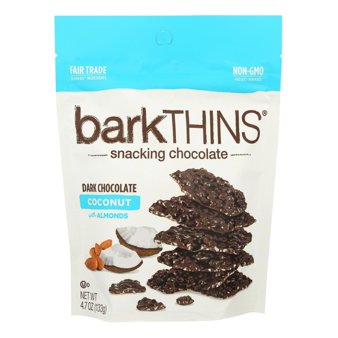 Bark Thins Snacking Chocolate - Dark Chocolate Toasted Coconut With Almonds - Case Of 12 - 4.7 Oz. - Maras Green
