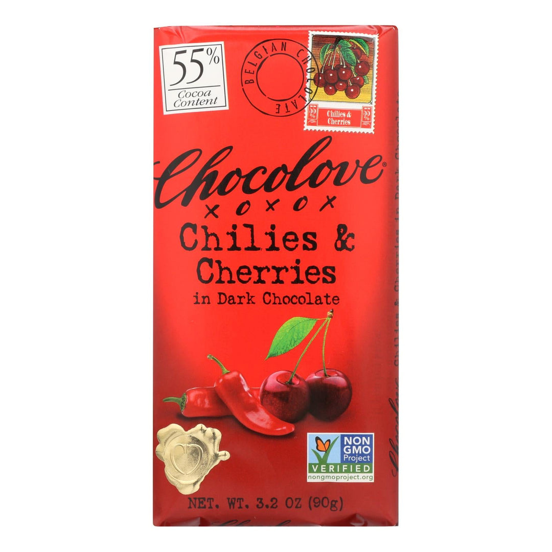 Chocolove Xoxox - Premium Chocolate Bar - Dark Chocolate - Chilies And Cherries - 3.2 Oz Bars - Case Of 12 - Maras Green