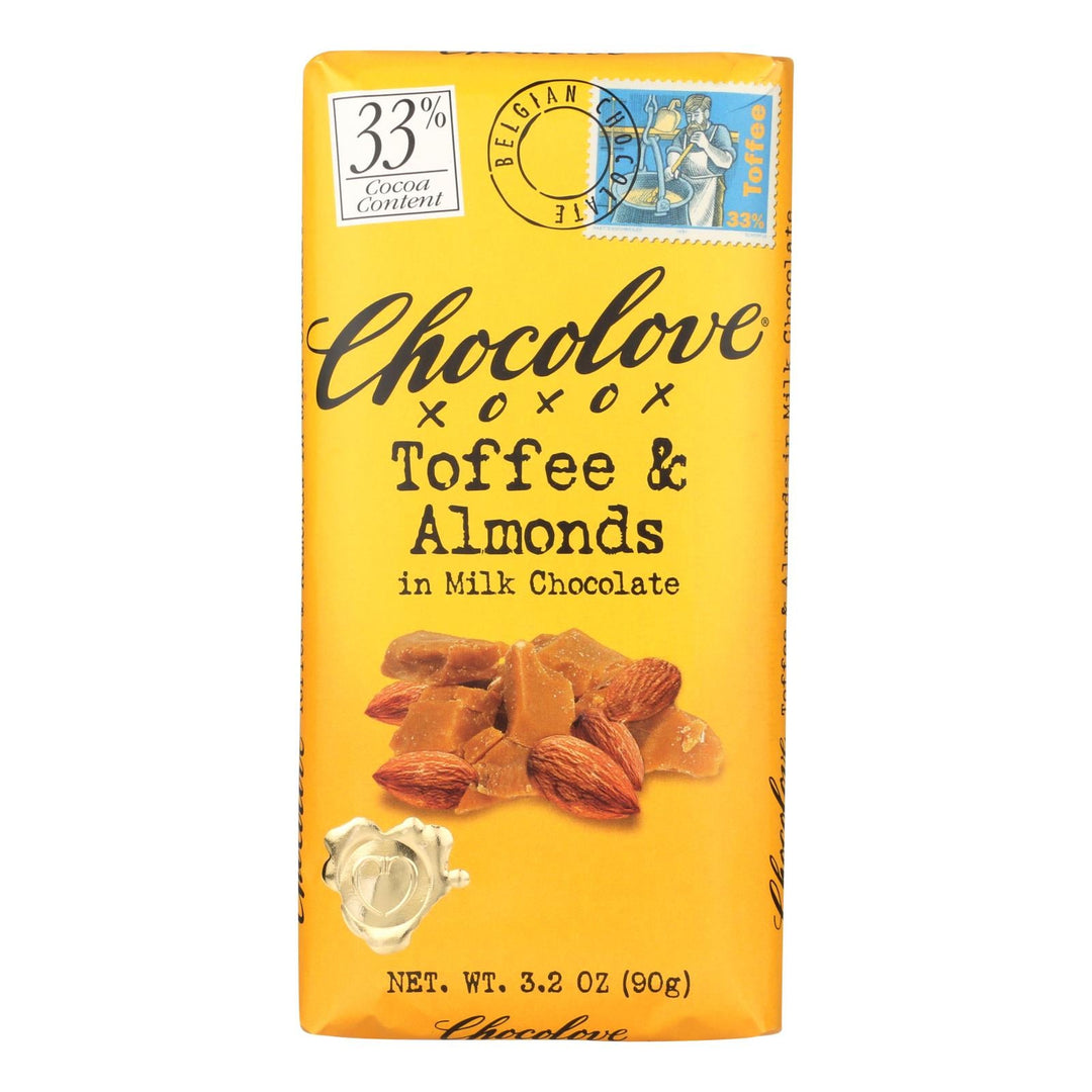 Chocolove Xoxox - Premium Chocolate Bar - Milk Chocolate - Toffee And Almonds - 3.2 Oz Bars - Case Of 12 - Maras Green