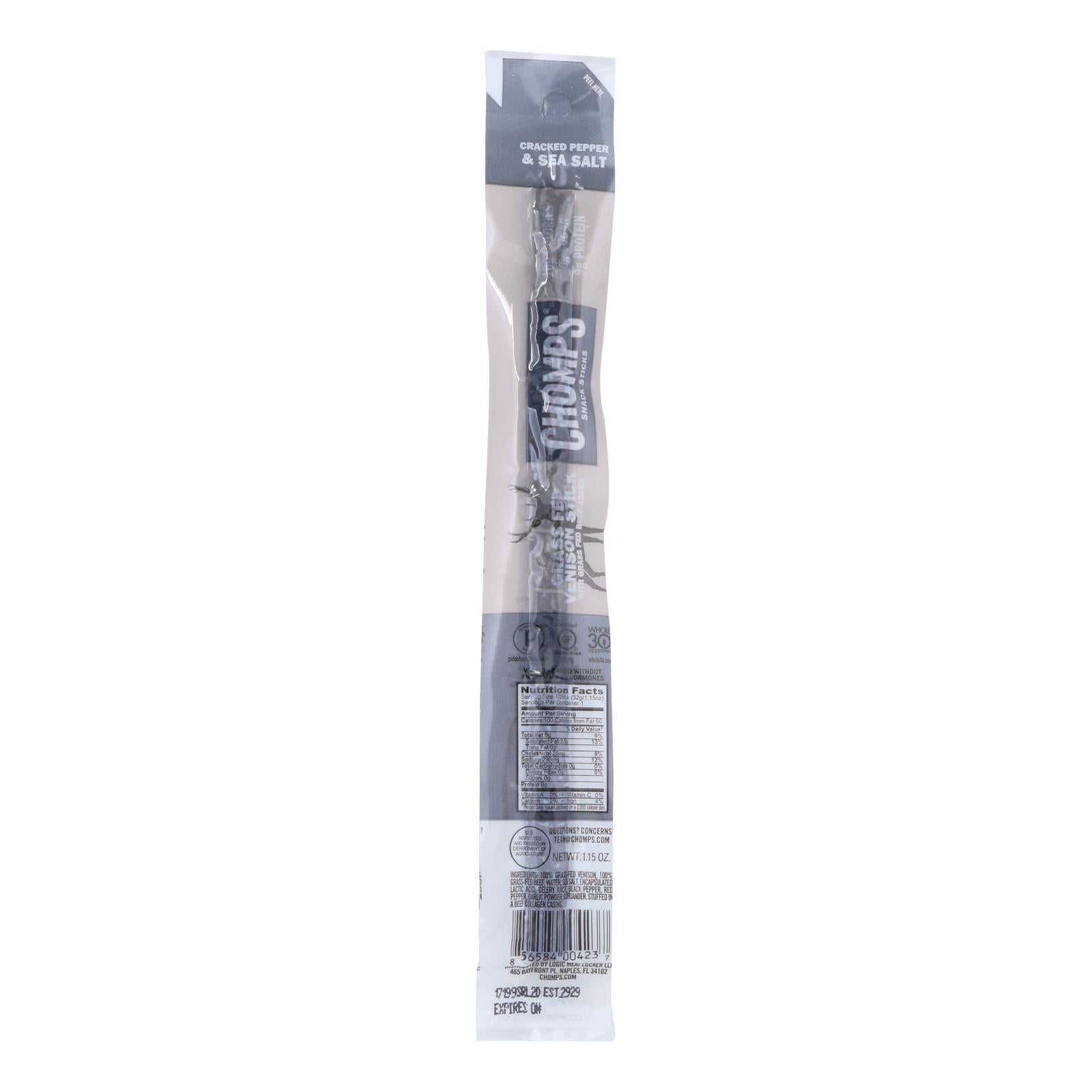Chomps Venison Sticks - Pepper - Salt - Case Of 24 - 1.15 Oz - Maras Green