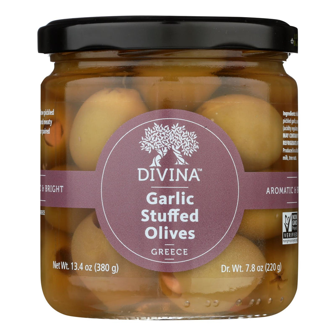 Divina - Green Olives Stuffed With Garlic - Case Of 6 - 7.8 Oz. - Maras Green