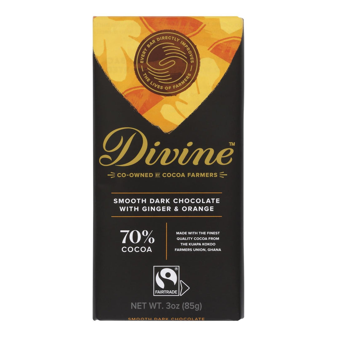 Divine - Bar Dark Chocolate 70% Gng/orng - Case Of 12 - 3 Oz - Maras Green