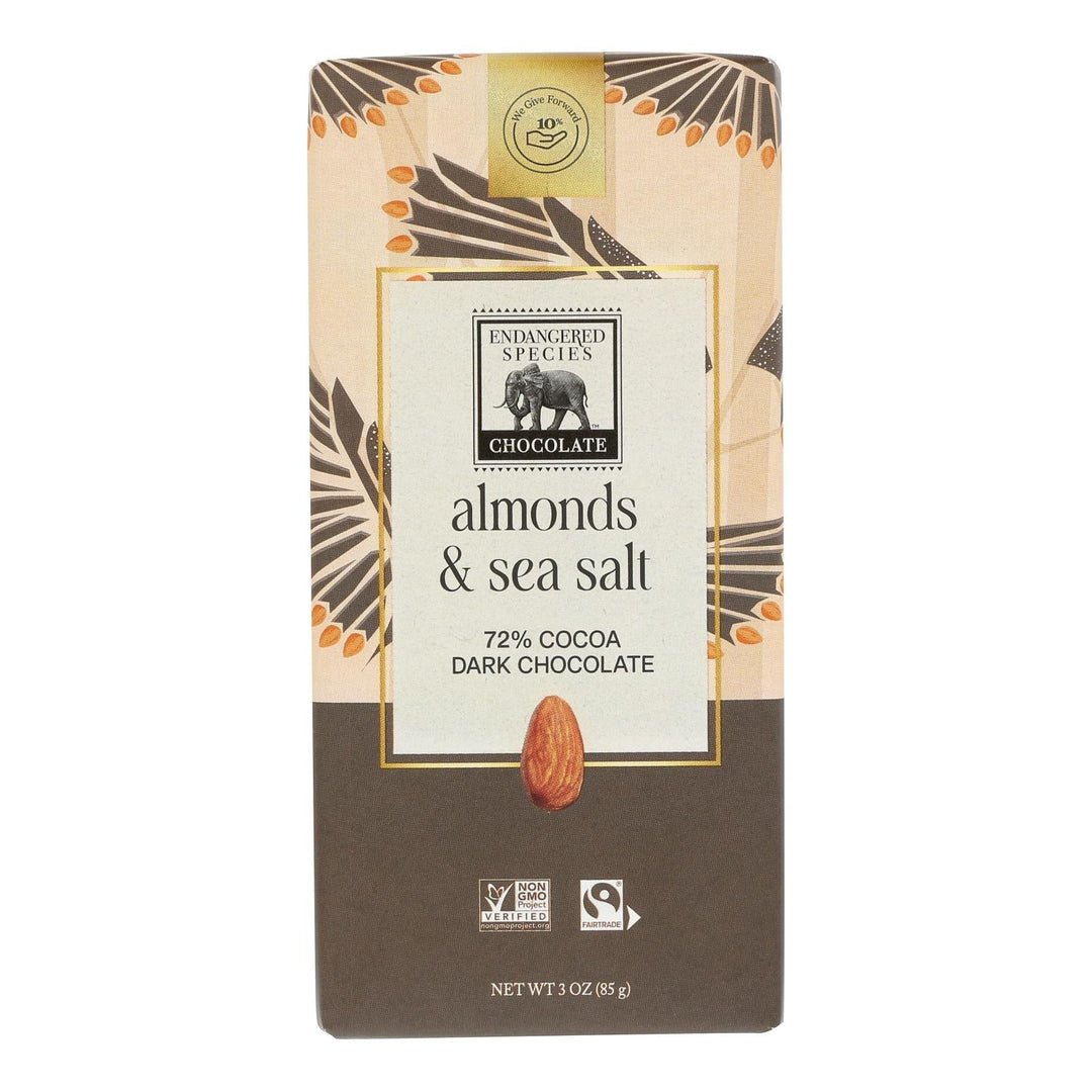 Endangered Species Natural Chocolate Bar - Dark Chocolate - 72 Percent Cocoa - Sea Salt And Almonds - 3 Oz Bars - Case Of 12 - Maras Green