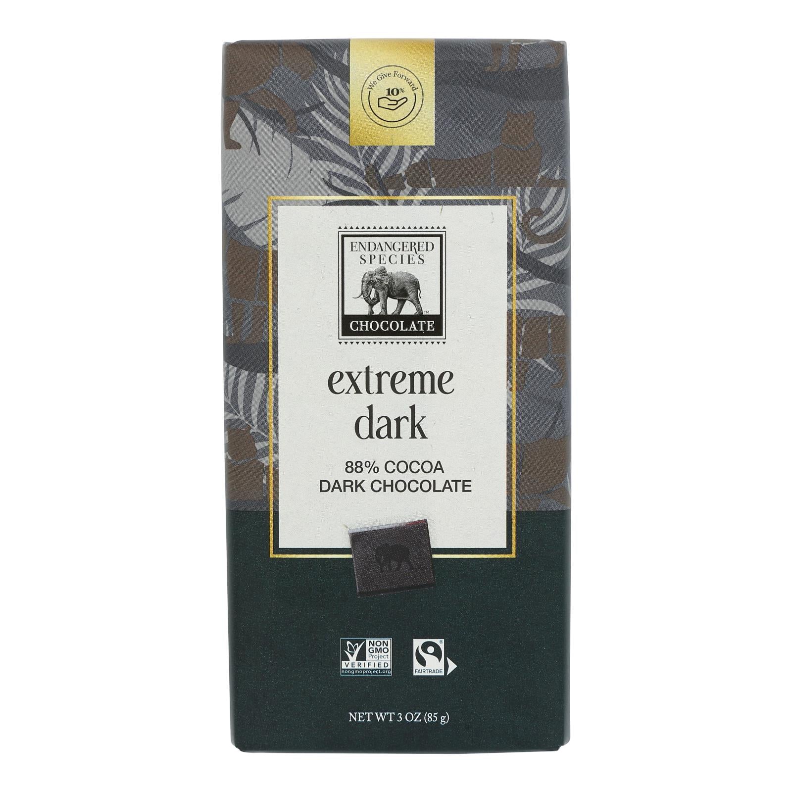 Endangered Species Natural Chocolate Bars - Dark Chocolate - 88 Percent Cocoa - 3 Oz Bars - Case Of 12 - Maras Green