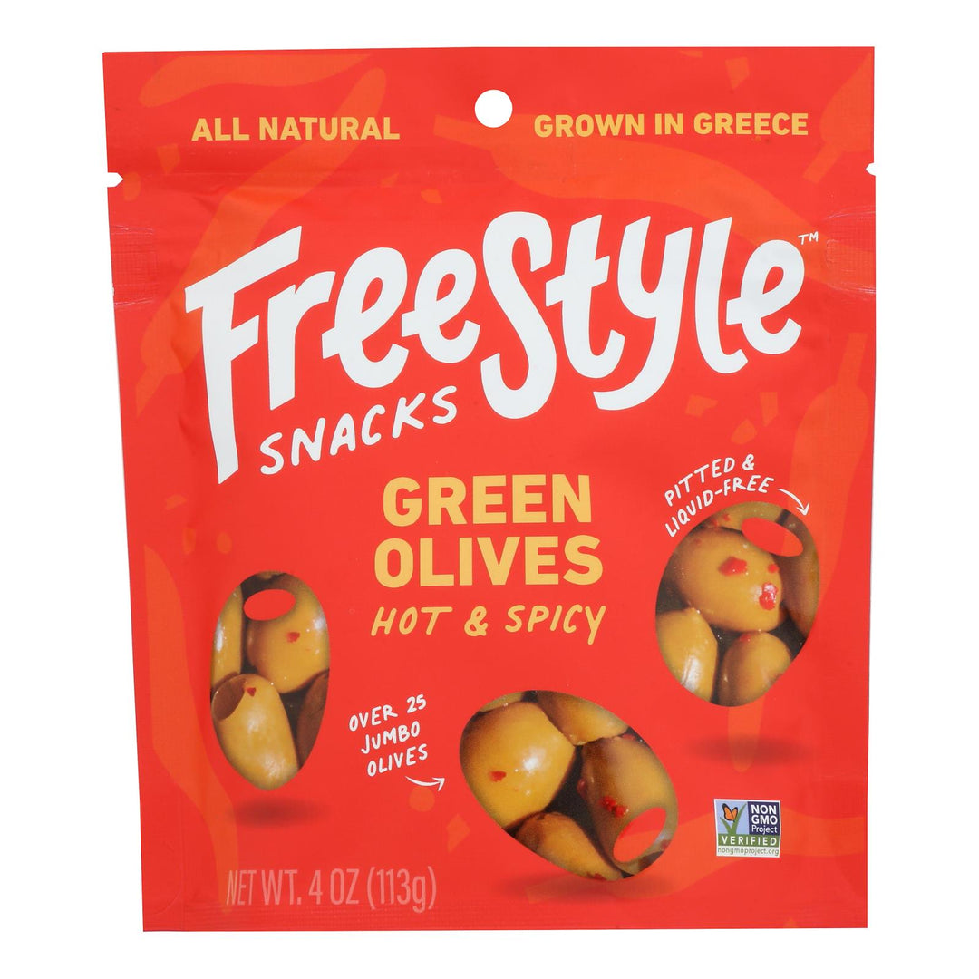 Freestyle Snacking - Olives Green Hot And Spicy - Case Of 6 - 4 Ounce - Maras Green