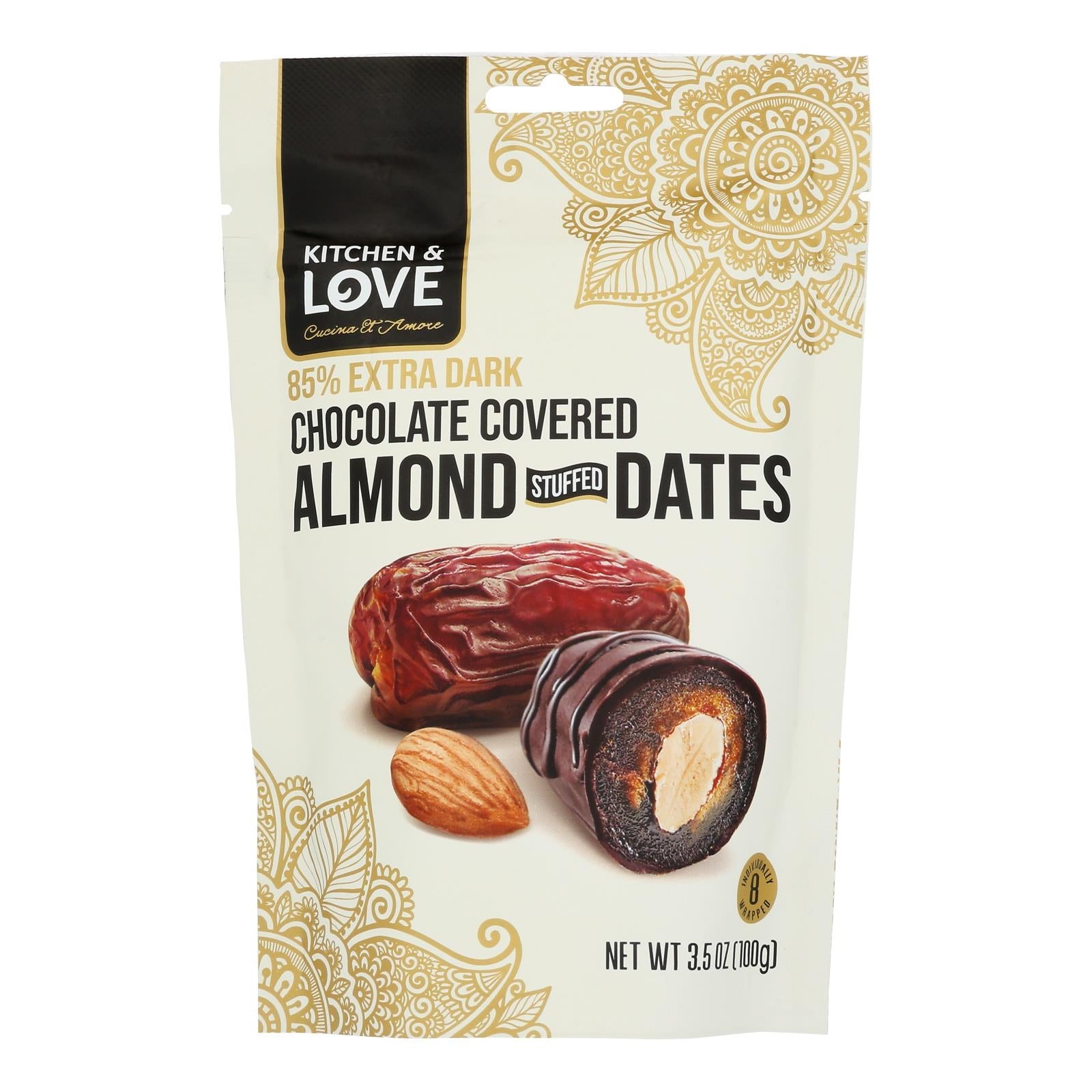 Kitchen & Love - Almond Stuffed Dates Dark Chocolate - Case Of 8 - 3.5 Oz - Maras Green