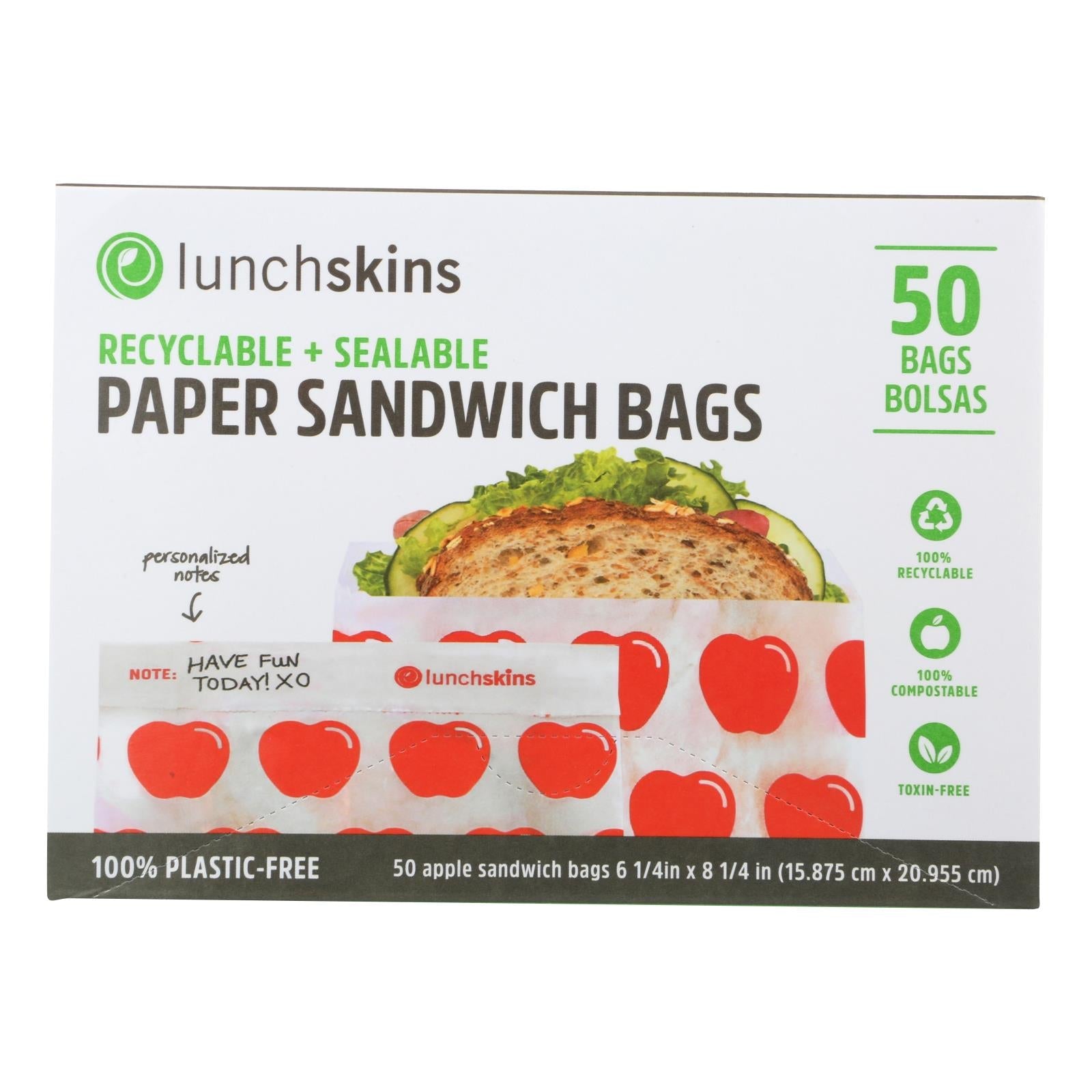 Lunchskins - Recyclable And Sealable Paper Sandwich Bags - Red Apple - Case Of 12 - 50 Count - Maras Green
