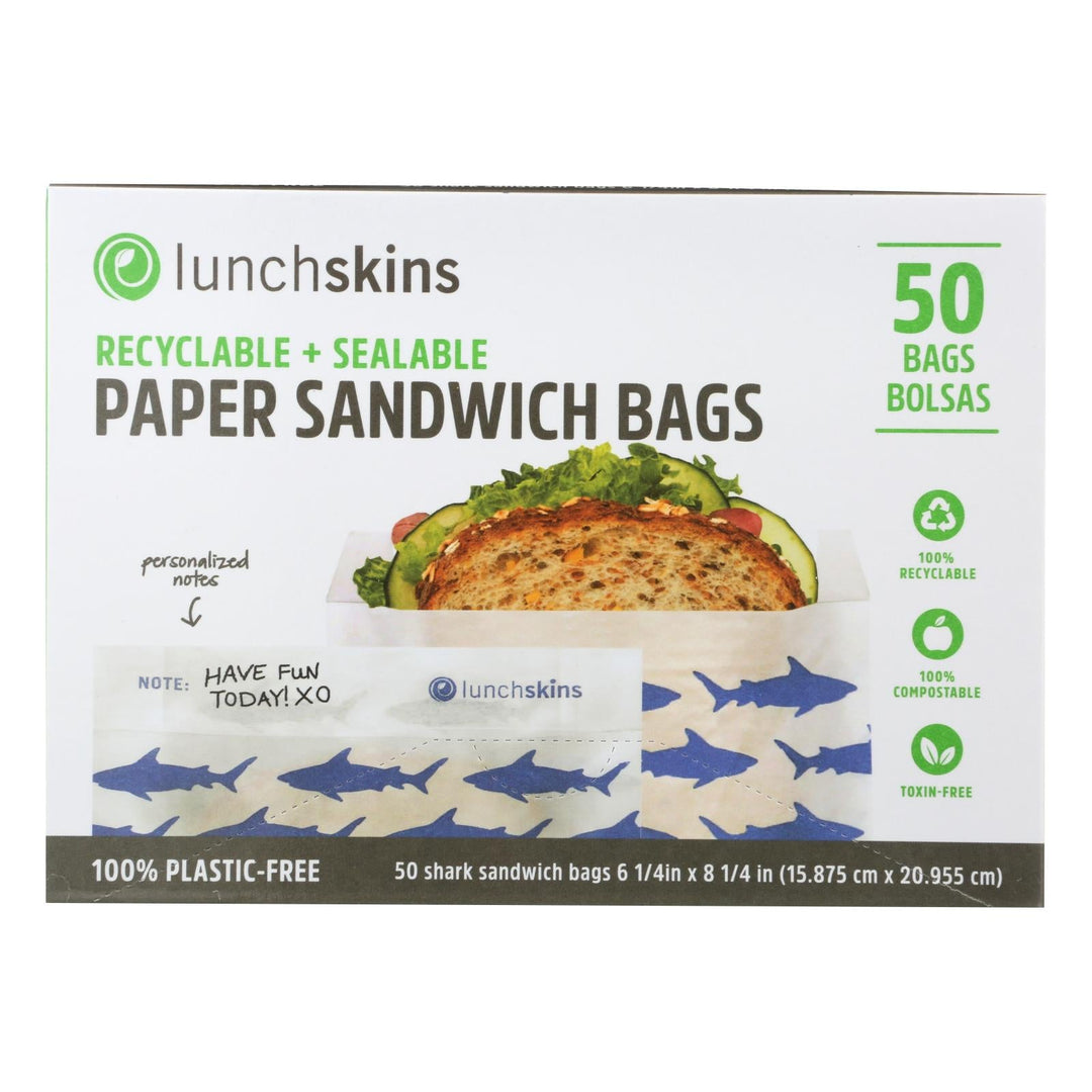 Lunchskins - Recyclable And Sealable Paper Sandwich Bags - Shark - Case Of 12 - 50 Count - Maras Green