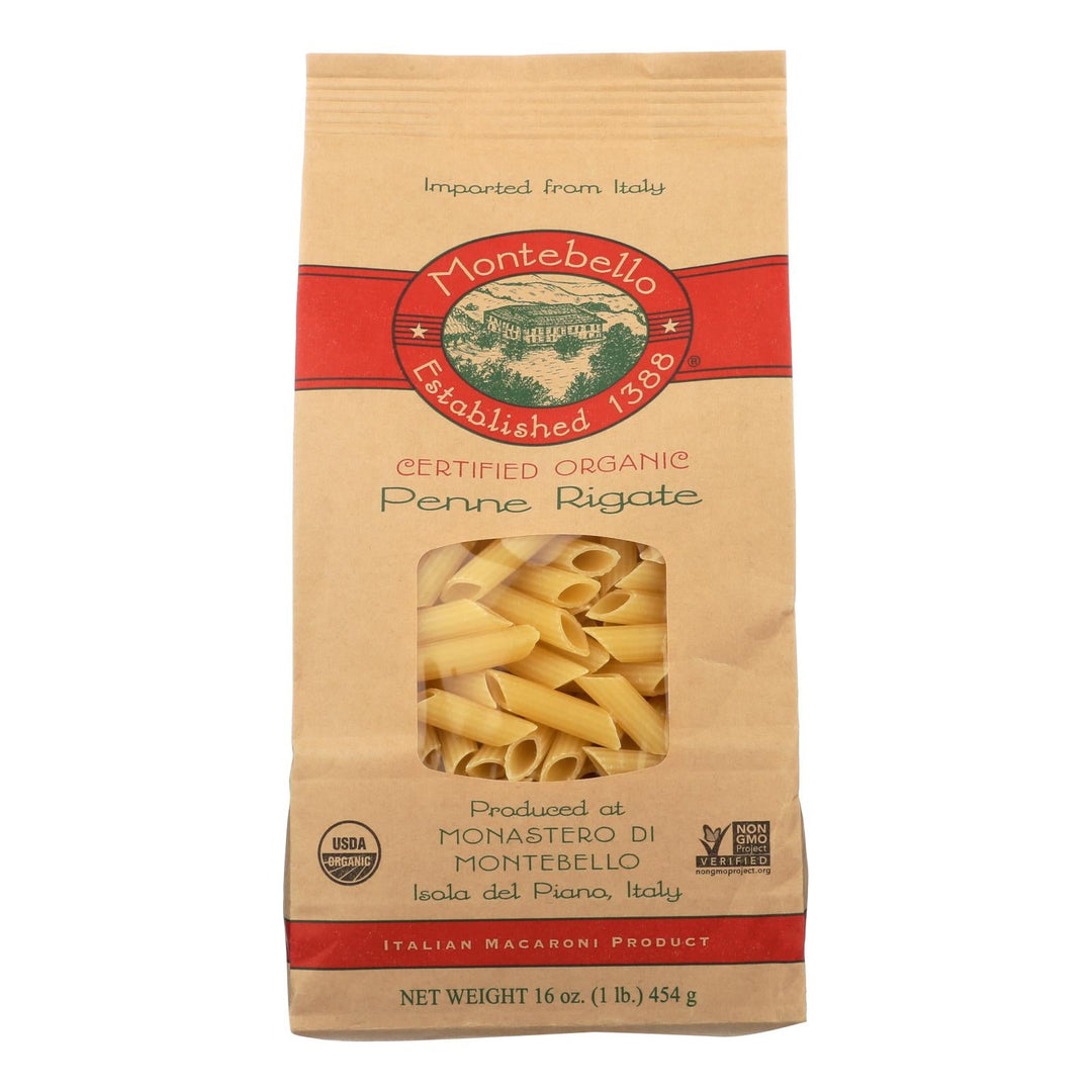 Montebello Organic Pasta - Penne Rigate - Case Of 12 - 1 Lb. - Maras Green