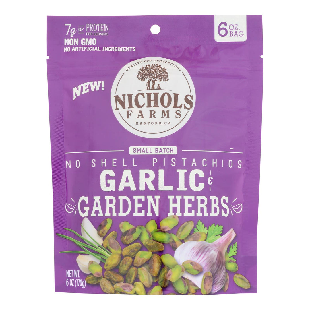 Nichols Farms - Pistachio No Shell Garlic Herbs - Case Of 15 - 6 Ounces - Maras Green