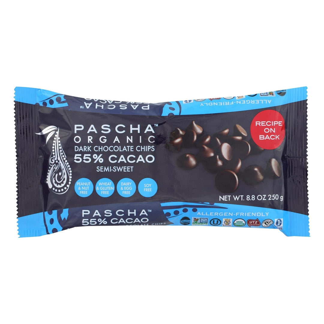 Pascha Chocolate Chips - Semi - Sweet Dark - Case Of 6 - 8.8 Oz. - Maras Green
