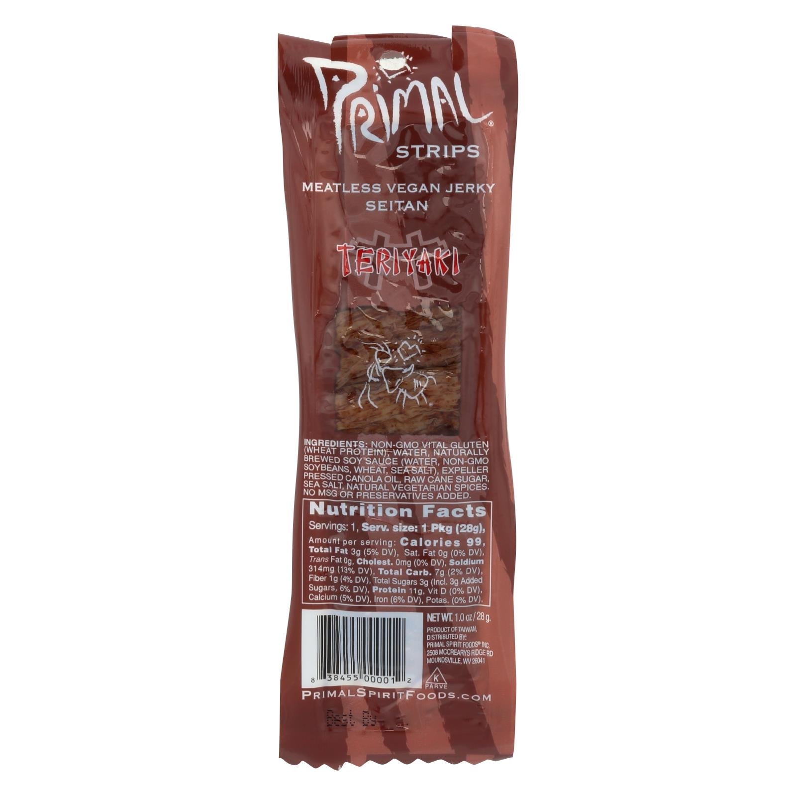 Primal Strips Vegan Jerky - Meatless - Seitan - Teriyaki - 1 Oz - Case Of 24 - Maras Green