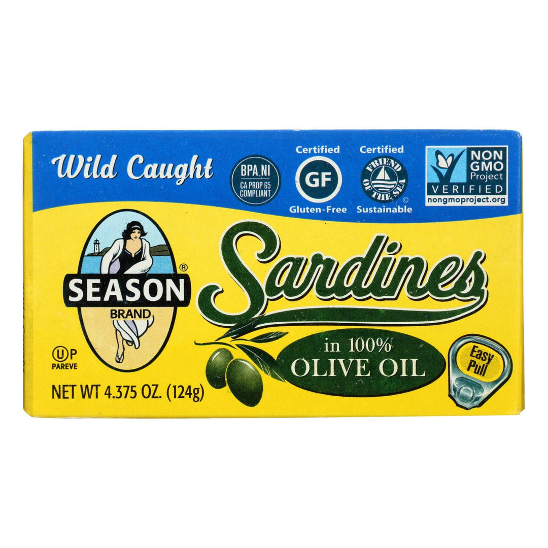 Season Brand Sardines In Pure Olive Oil - Salt Added - Case Of 12 - 4.375 Oz. - Maras Green