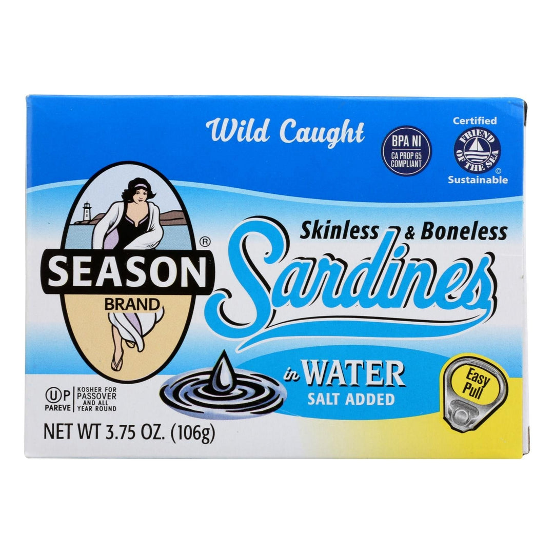 Season Brand Sardines - Skinless And Boneless - In Water - Salt Added - 3.75 Oz - Case Of 12 - Maras Green