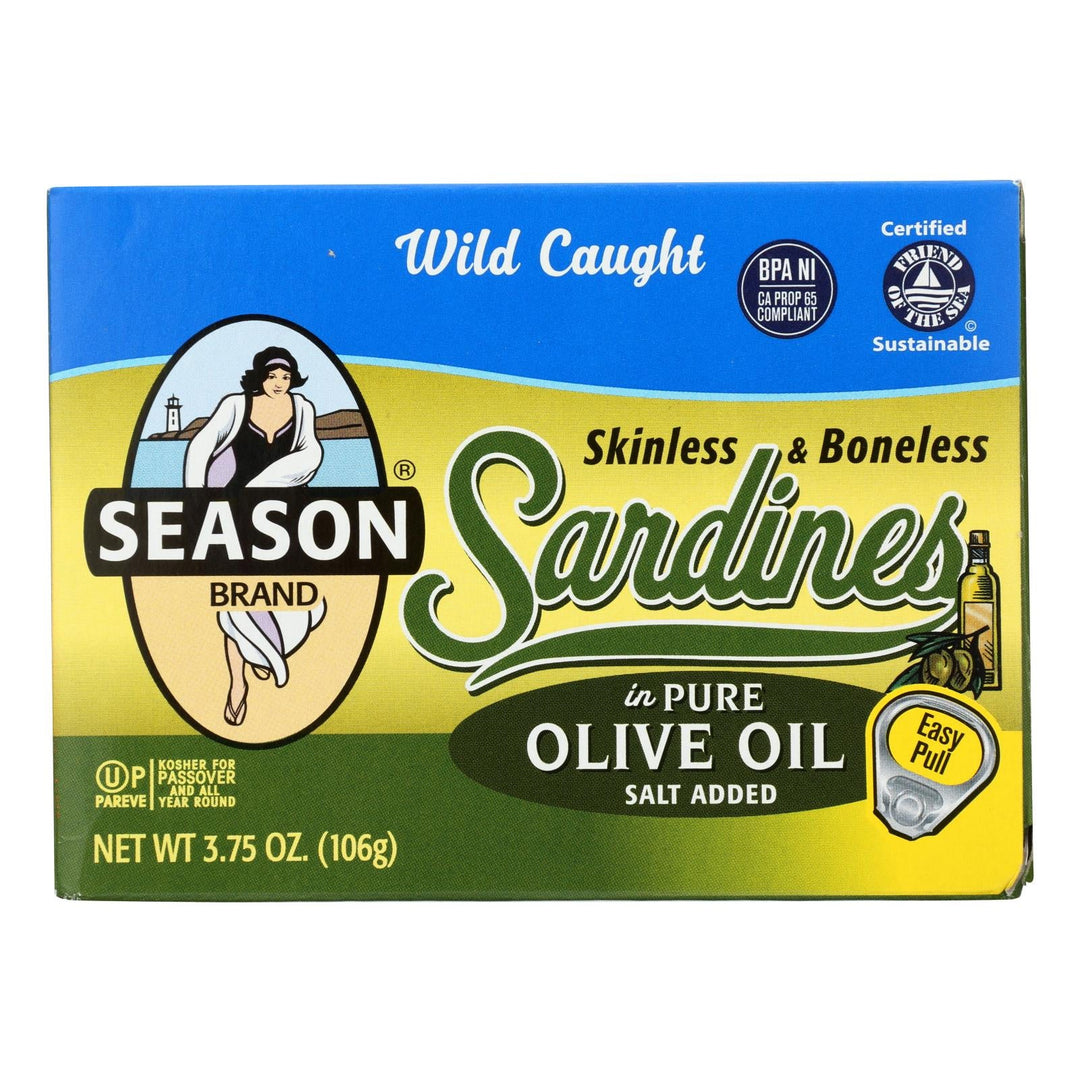 Season Skinless & Boneless Sardines In Pure Olive Oil - Case Of 12 - 3.75 Oz - Maras Green