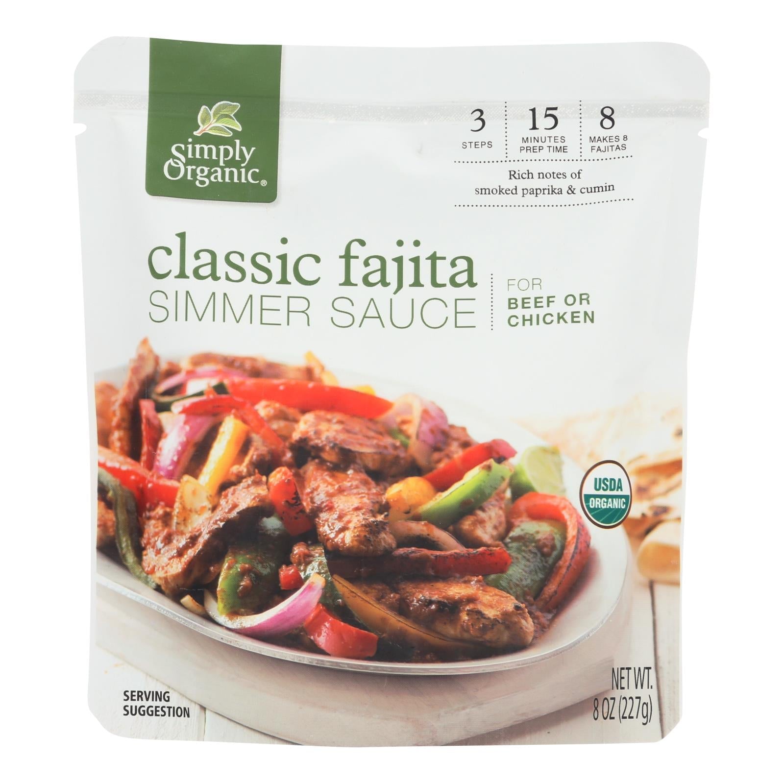 Simply Organic Simmer Sauce - Organic - Classic Fajita - Case Of 6 - 8 Oz - Maras Green