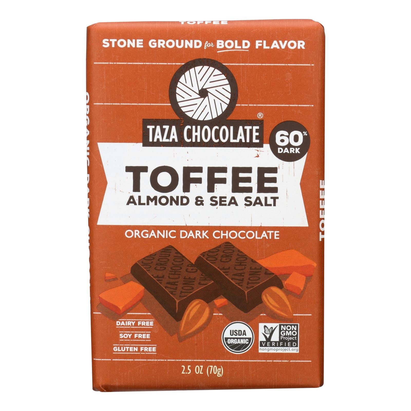 Taza Chocolate Stone Ground Organic Dark Chocolate Bar - Toffee Almond And Sea Salt - Case Of 10 - 2.5 Oz. - Maras Green