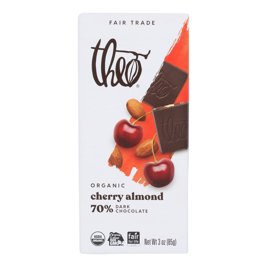 Theo Chocolate Organic Chocolate Bar - Classic - Dark Chocolate - 70 Percent Cacao - Cherry And Almond - 3 Oz Bars - Case Of 12 - Maras Green