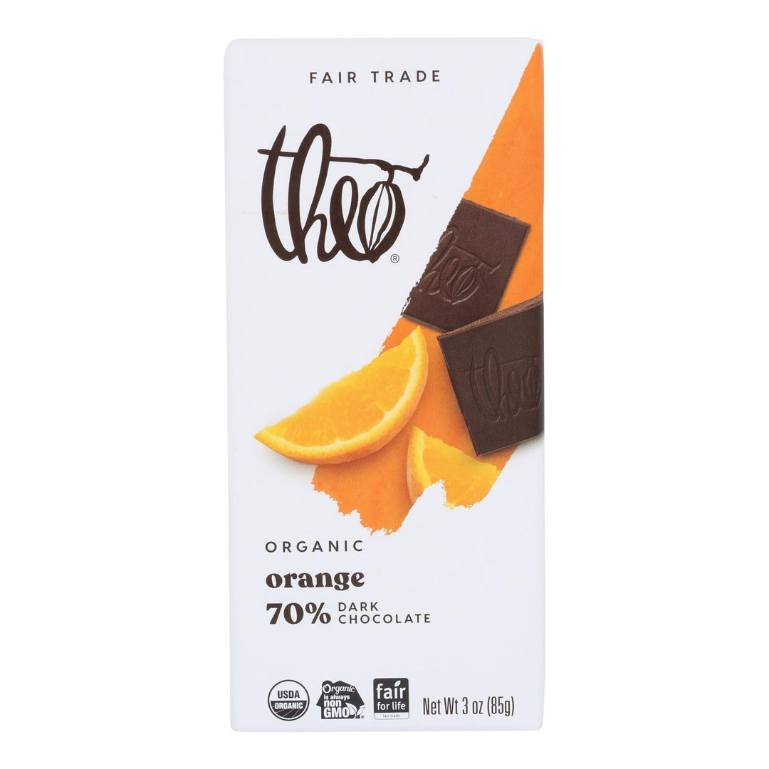 Theo Chocolate Organic Chocolate Bar - Classic - Dark Chocolate - 70 Percent Cacao - Orange - 3 Oz Bars - Case Of 12 - Maras Green