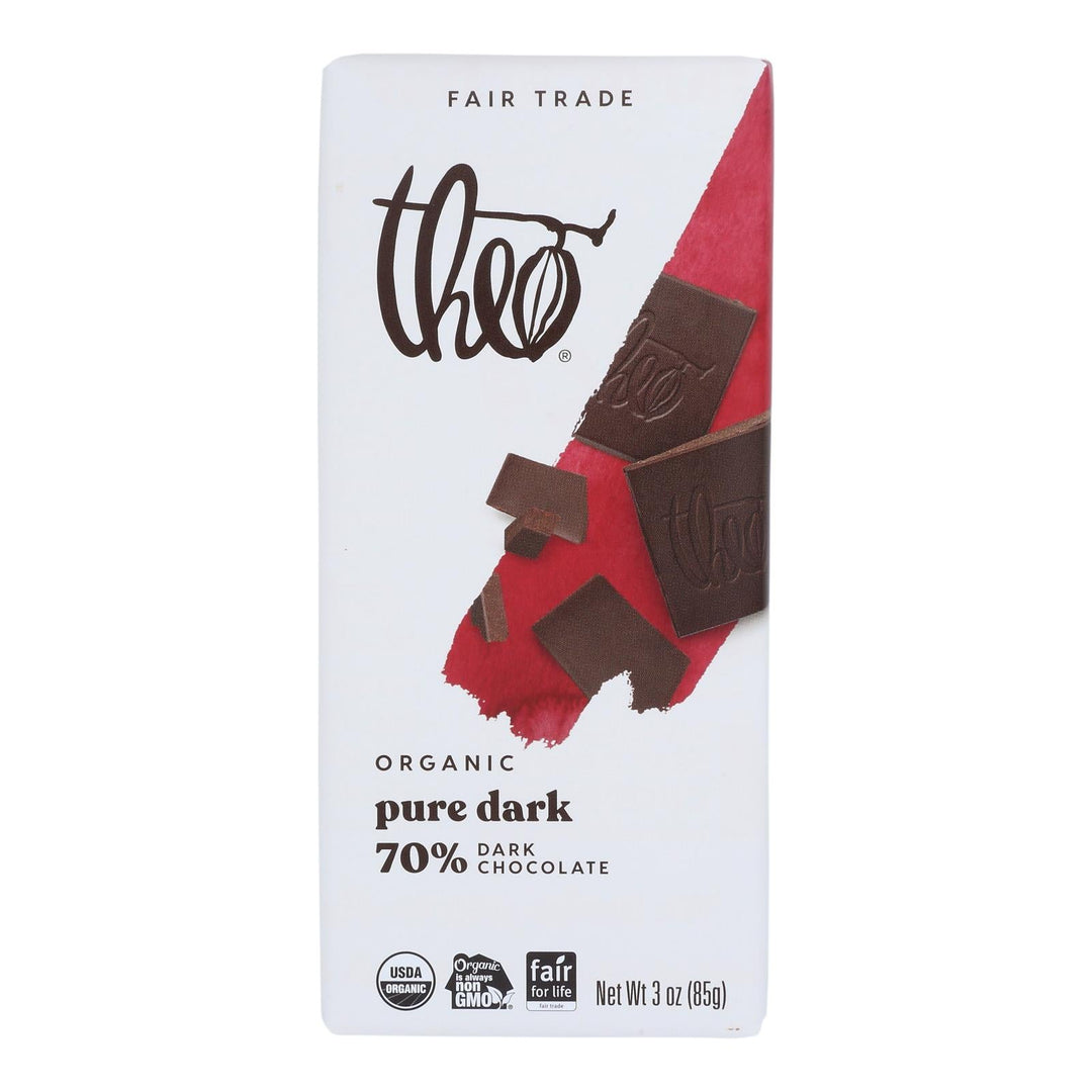 Theo Chocolate Organic Chocolate Bar - Classic - Dark Chocolate - 70 Percent Cacao - Pure - 3 Oz Bars - Case Of 12 - Maras Green