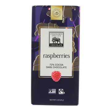 Endangered Species Natural Chocolate Bars - Dark Chocolate - 72 Percent Cocoa - Raspberries - 3 Oz Bars - Case Of 12 - Maras Green