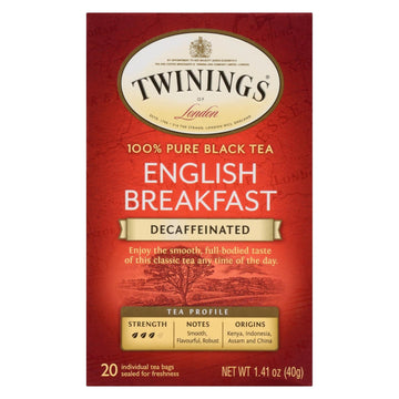 Twinings Tea Breakfast Tea - English Decaffeinated - Case Of 6 - 20 Bags - Maras Green