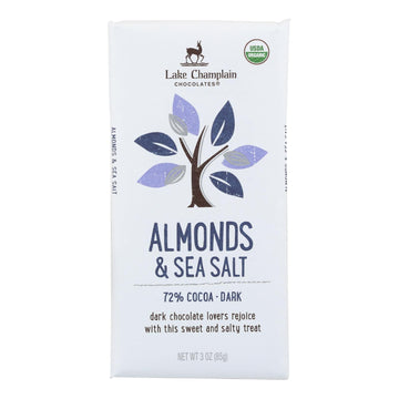 Lake Champlain Chocolates Chocolate Bar - Almonds & Sea Salt. 72% Cocoa Dark. - Case Of 12 - 3 Oz. - Maras Green
