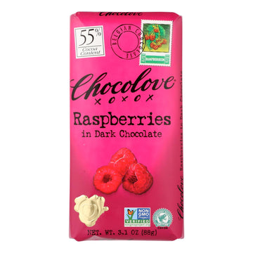 Chocolove Xoxox - Premium Chocolate Bar - Dark Chocolate - Raspberries - 3.1 Oz Bars - Case Of 12 - Maras Green