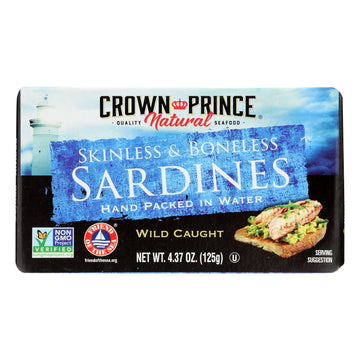 Crown Prince Skinless And Boneless Sardines In Water - Case Of 12 - 4.37 Oz. - Maras Green