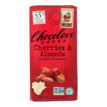 Chocolove Xoxox - Premium Chocolate Bar - Dark Chocolate - Cherries And Almonds - 3.2 Oz Bars - Case Of 12 - Maras Green