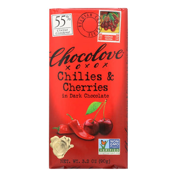 Chocolove Xoxox - Premium Chocolate Bar - Dark Chocolate - Chilies And Cherries - 3.2 Oz Bars - Case Of 12 - Maras Green