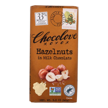 Chocolove Xoxox - Premium Chocolate Bar - Milk Chocolate - Hazelnuts - 3.2 Oz Bars - Case Of 12 - Maras Green
