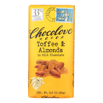 Chocolove Xoxox - Premium Chocolate Bar - Milk Chocolate - Toffee And Almonds - 3.2 Oz Bars - Case Of 12 - Maras Green